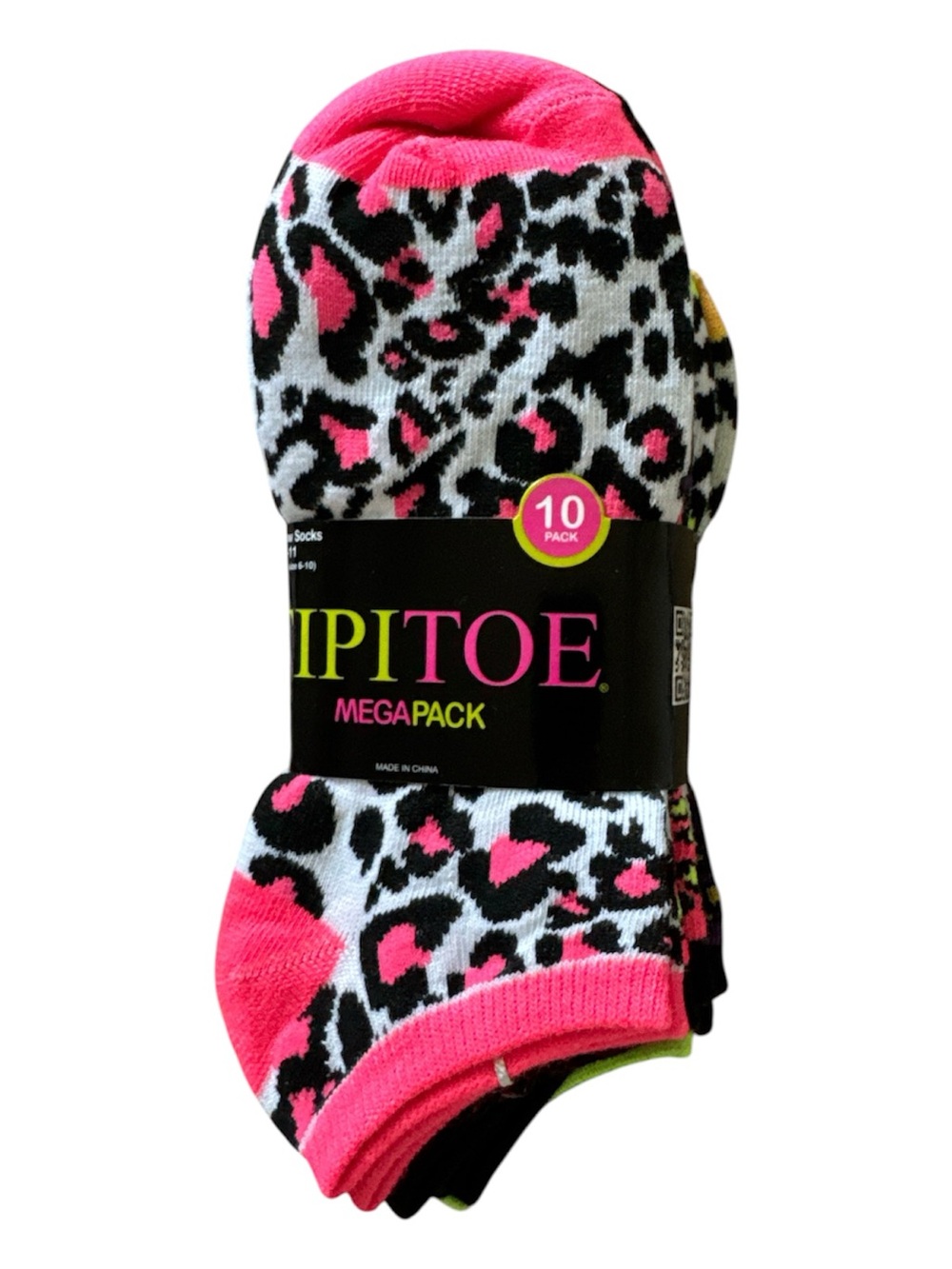 Tipitoe Womens Neon Animal Print No Show Socks 10 Pack Leopard Shoe Size 6-10
